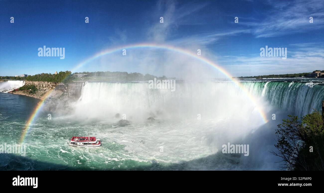 The Hornblower tour boat takes tourists into the mist of the Horseshoe Falls under a rainbow. Niagara Falls, Canada. - Smartphone Captured Stock Image