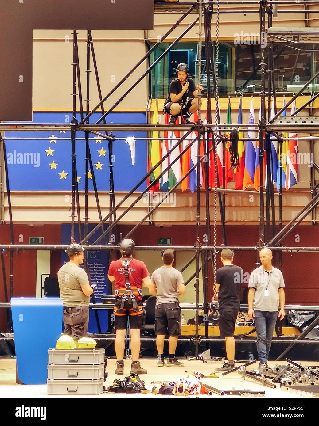 Scaffolders preparing European Parliament chamber for new intake of MEPs, Brussels - Smartphone Captured Stock Image