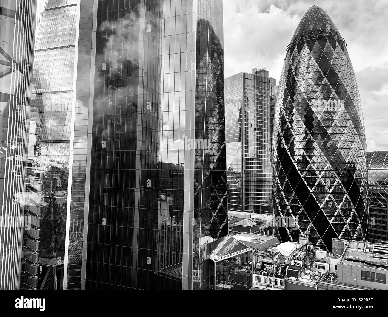 London, UK - 7th June 2019: The Gherkin, city skyscraper, seen from 120 Fenchurch Street. - Smartphone Captured Stock Image