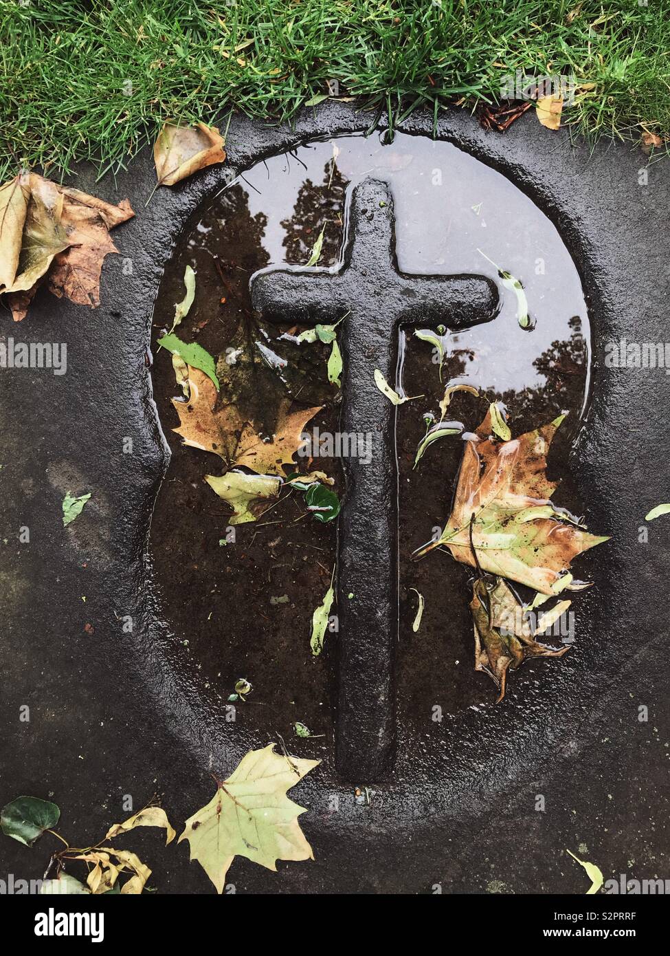 Christian Cross symbol on a flat gravestone with puddle and leaves