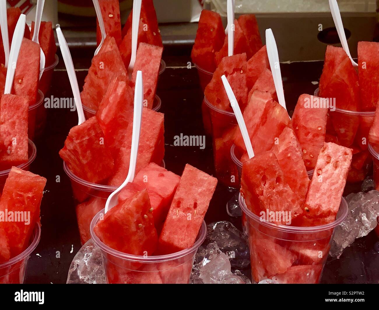 Watermelon Chunks Served In Plastic Cups Stock Photo Alamy