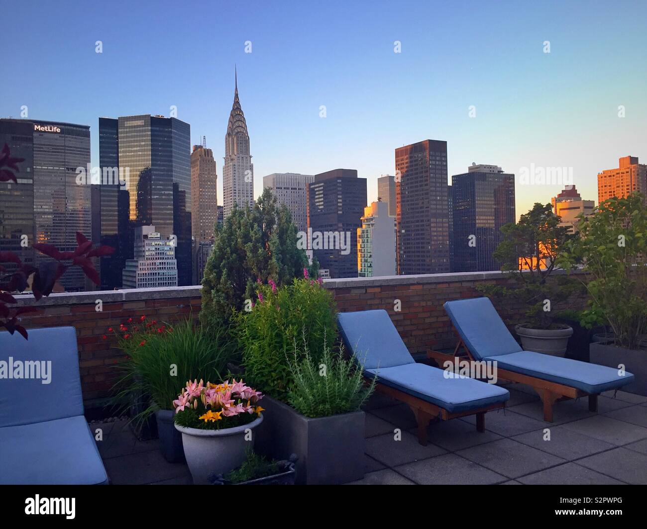Landscaped luxury apartment roof deck in midtown Manhattan in the early evening, NYC, USA - Smartphone Captured Stock Image