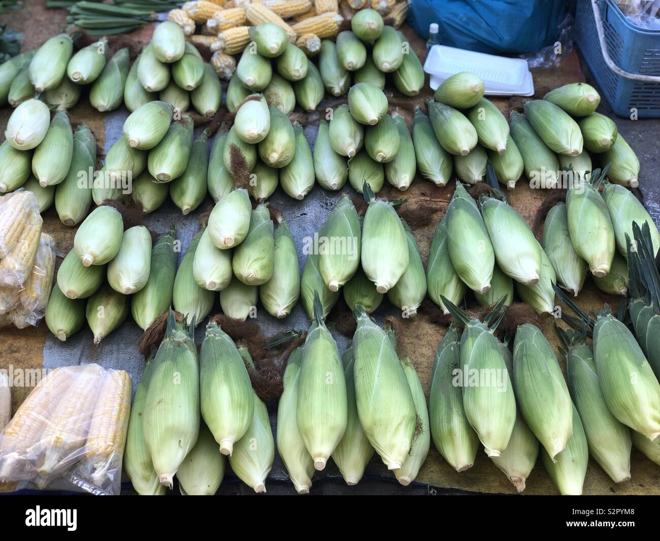 Produce sold at Tamu Tuaran Sabah. Sabah local corn Stock Photo