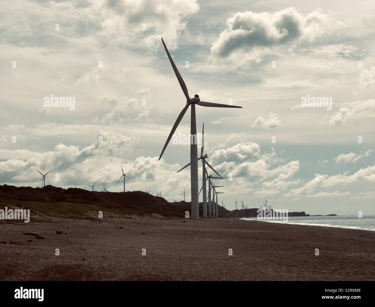 Bangui wind farm in Ilocos Norte is one of the major source of renewable energy in northern Philippines. - Smartphone Captured Stock Image