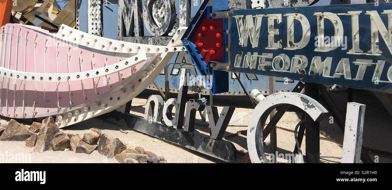 Wedding information and other objects in the Neon Museum collections in Las Vegas, Nevada. Stock Photo