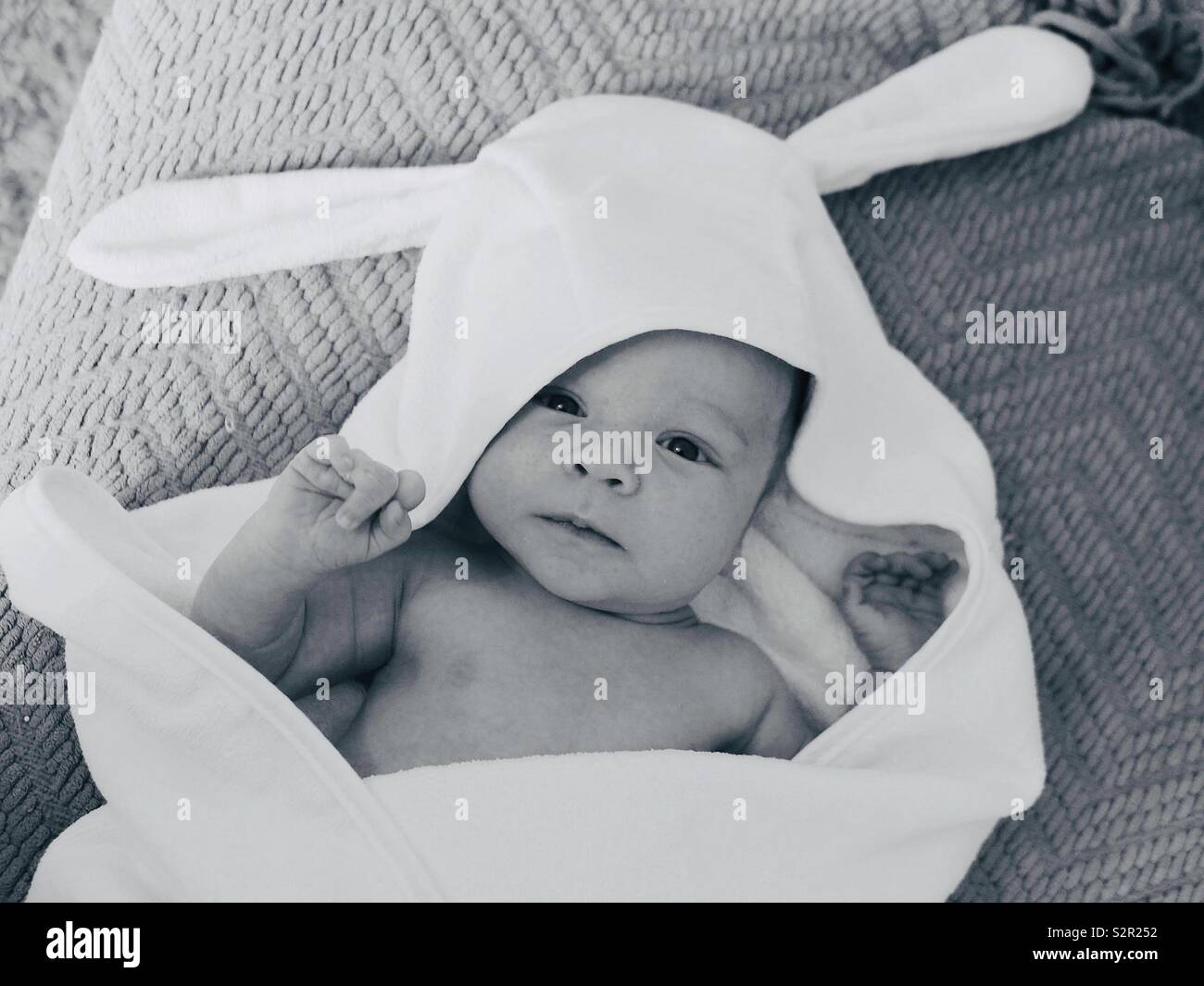 Baby in bunny eared towel Stock Photo