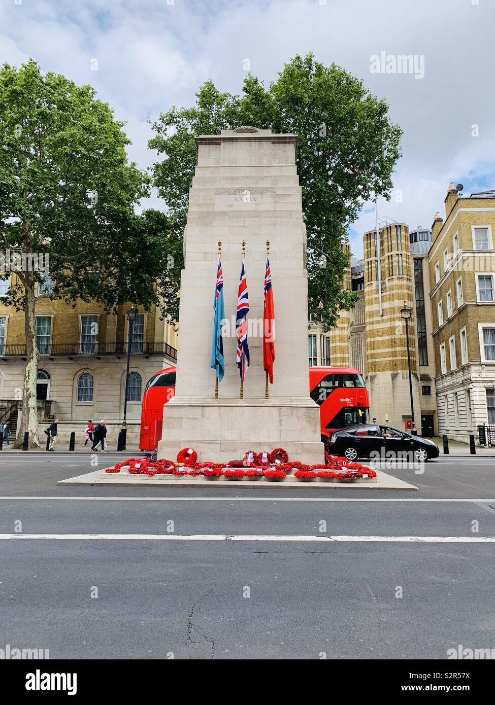 London, UK - 15th June 2019: The Cenotaph war memorial in Whitehall. Wreaths and flags for the recent 75th anniversary of D Day (6/6/1944). Stock Photo