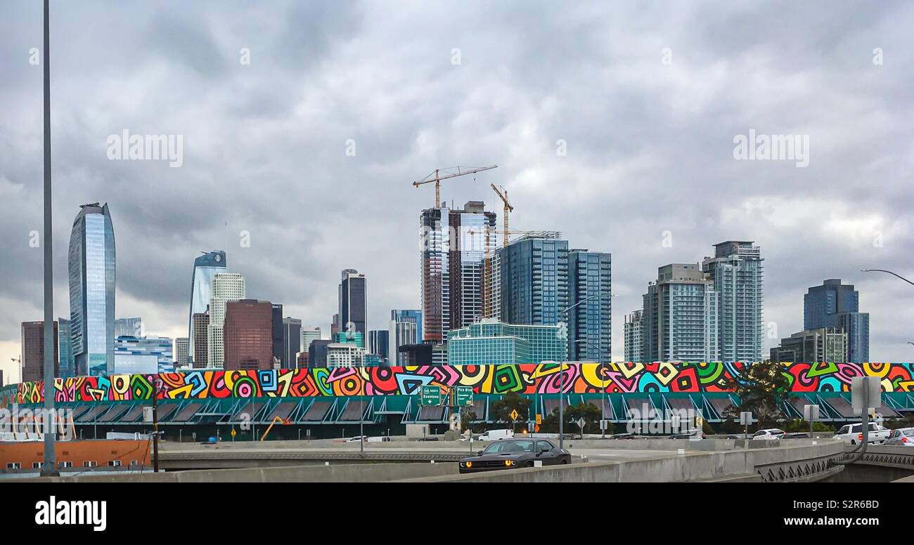 A colorful banner above the Los Angeles Convention Center frames the downtown area. Stock Photo