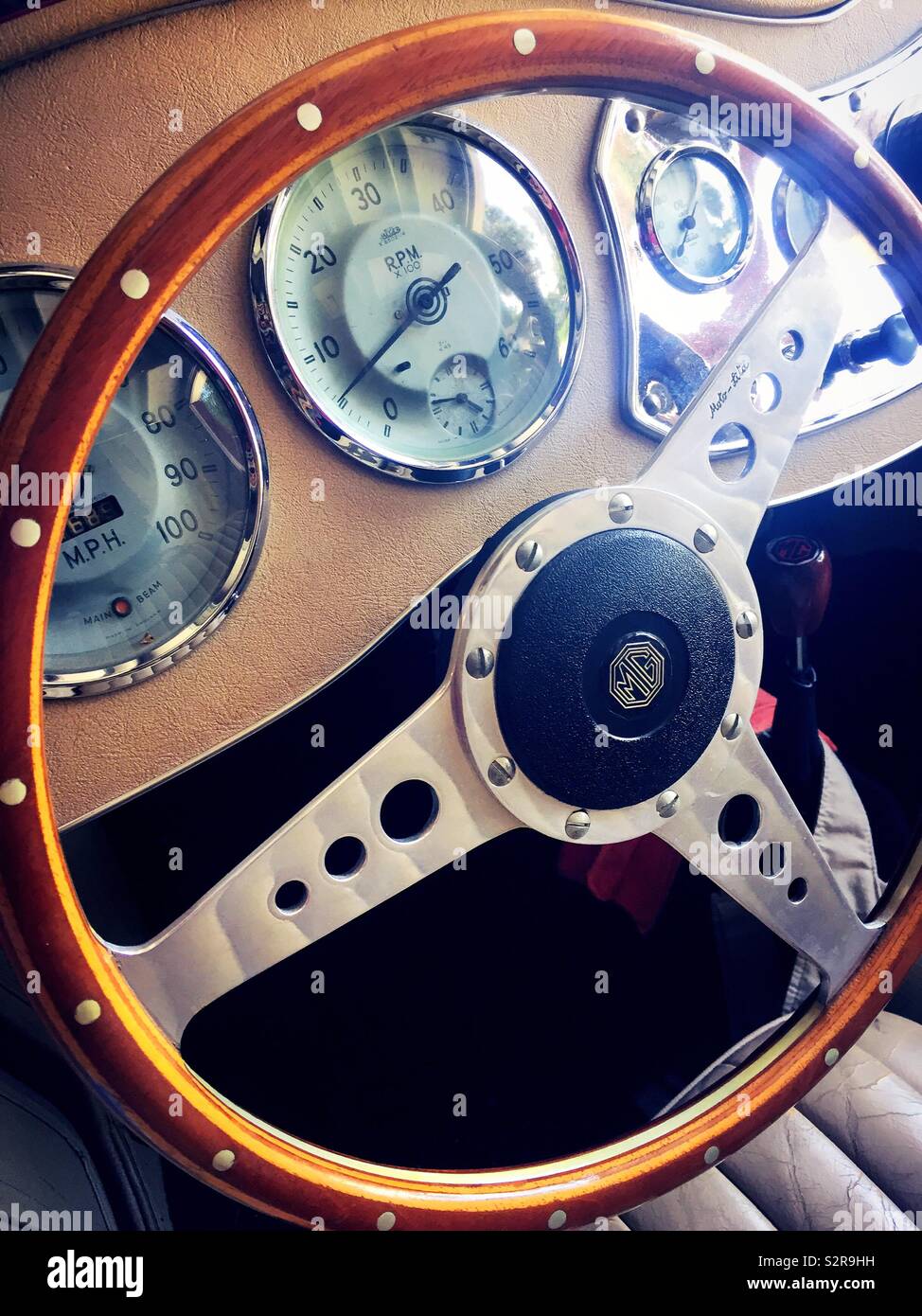 Steering wheel and dashboard of a classic 1953 MG TD - Smartphone Captured Stock Image