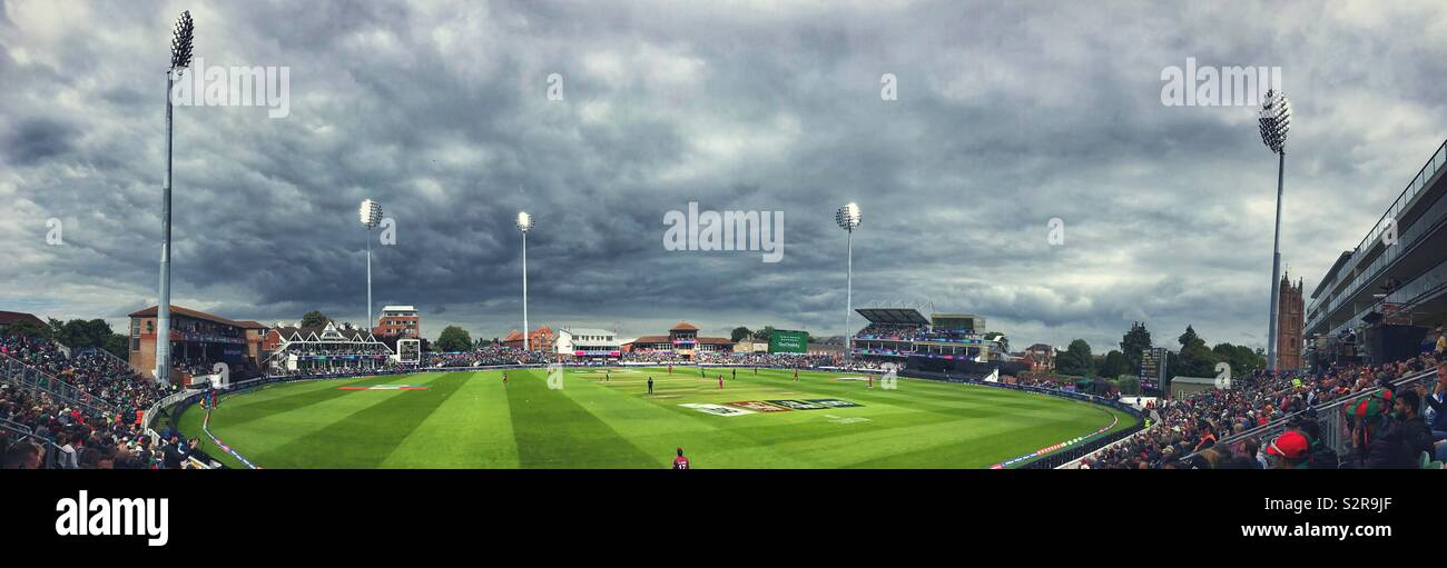 A wide angle view of the Taunton cricket pitch in Somerset during the Cricket World Cup 2019 match between the West Indies and Bangladesh - Smartphone Captured Stock Image
