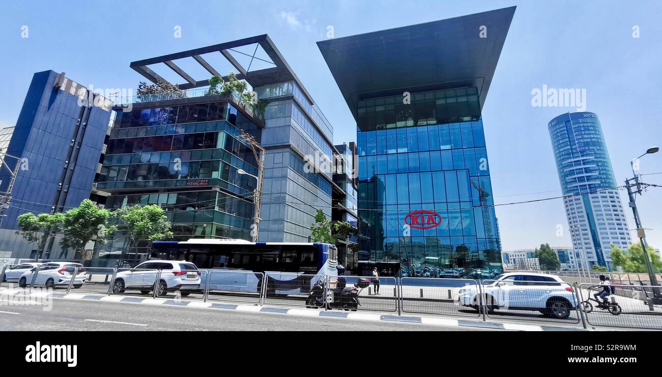Kia cars building on Hamasger street in Tel-Aviv. - Smartphone Captured Stock Image