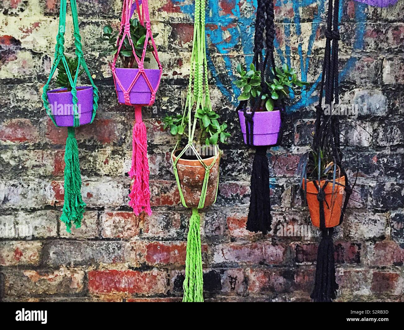 Colourful plant pots hanging baskets against brick wall. Patio ideas unique Stock Photo
