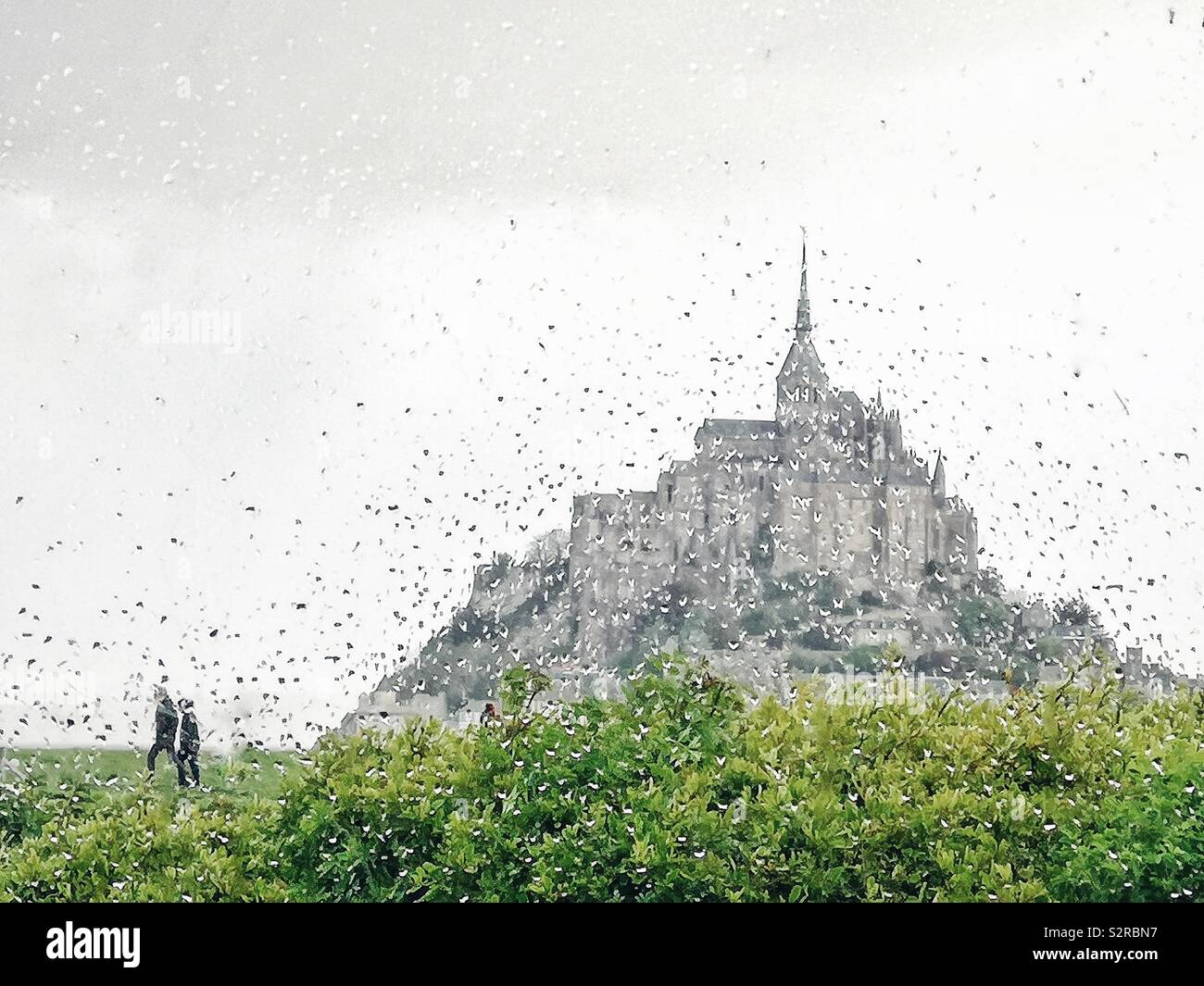 Mont Saint Michel, Normandy, France, through rainy window Stock Photo