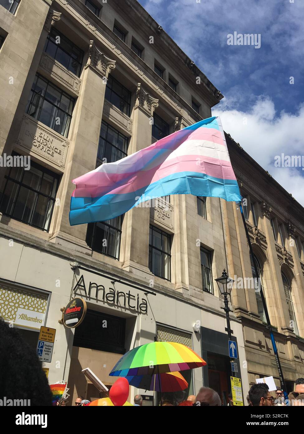 Transgender pride flag flies at Birmingham Pride 2019 Stock Photo