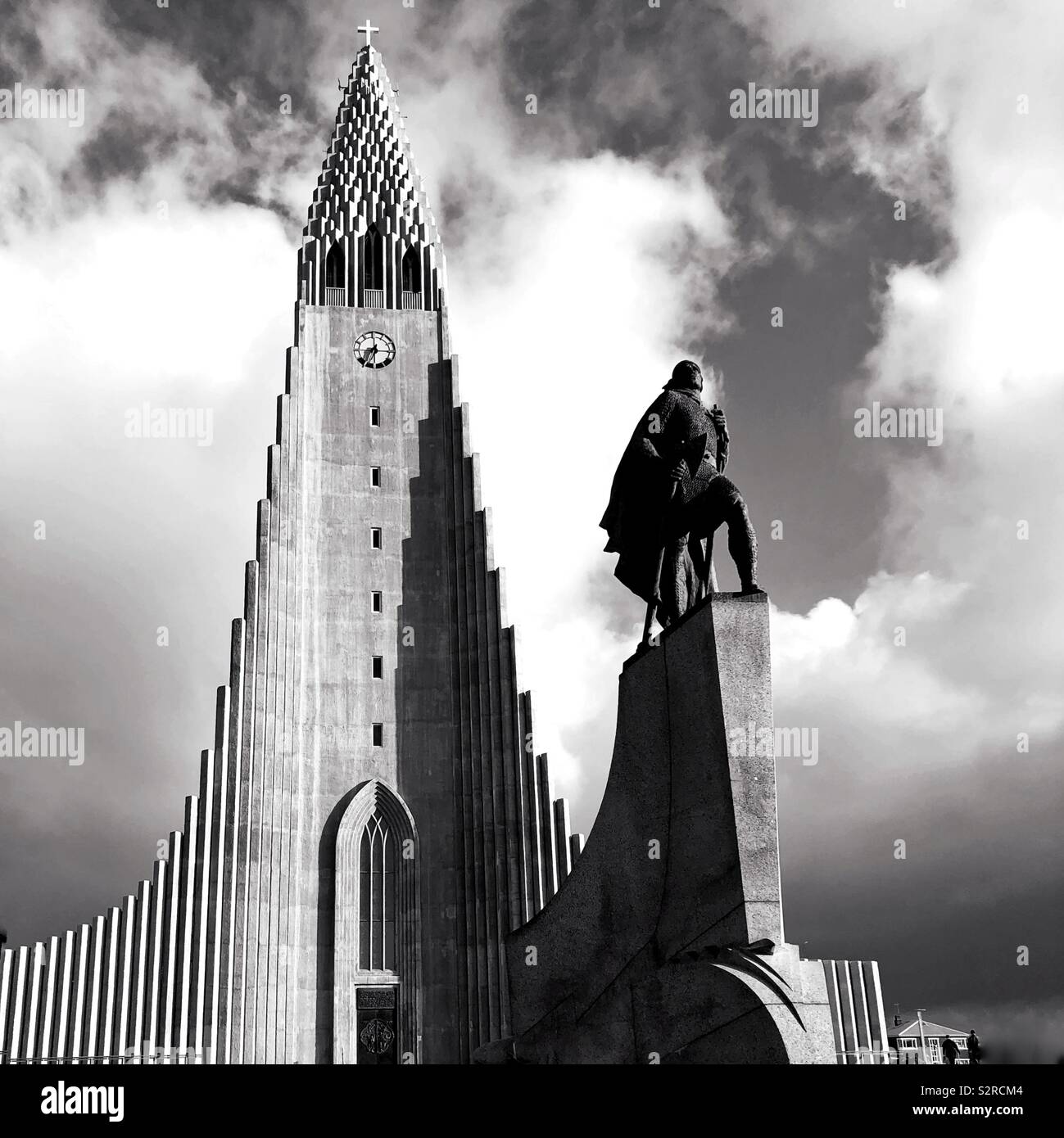 Hallgrímskirkja is a Lutheran (Church of Iceland) parish church in Reykjavík, Iceland and statue of Leifur Eiríksson - Smartphone Captured Stock Image
