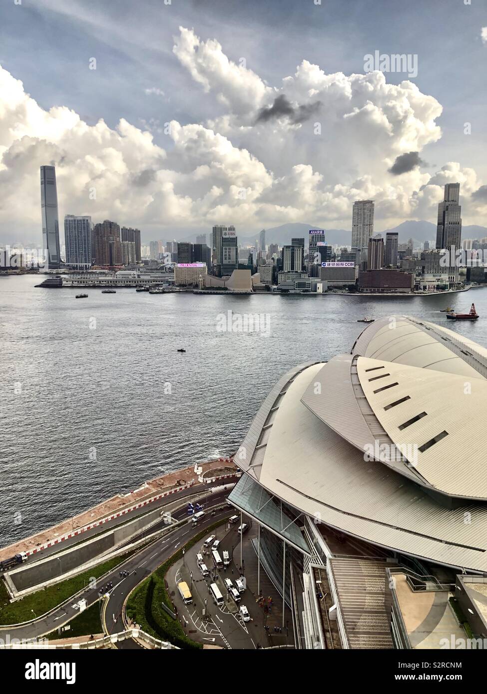 HONG KONG -29 JUN 2019- Aerial view of Hong Kong police getting ready for another day of protests by the Convention Center in Wanchai overlooking Victoria Harbor. Stock Photo
