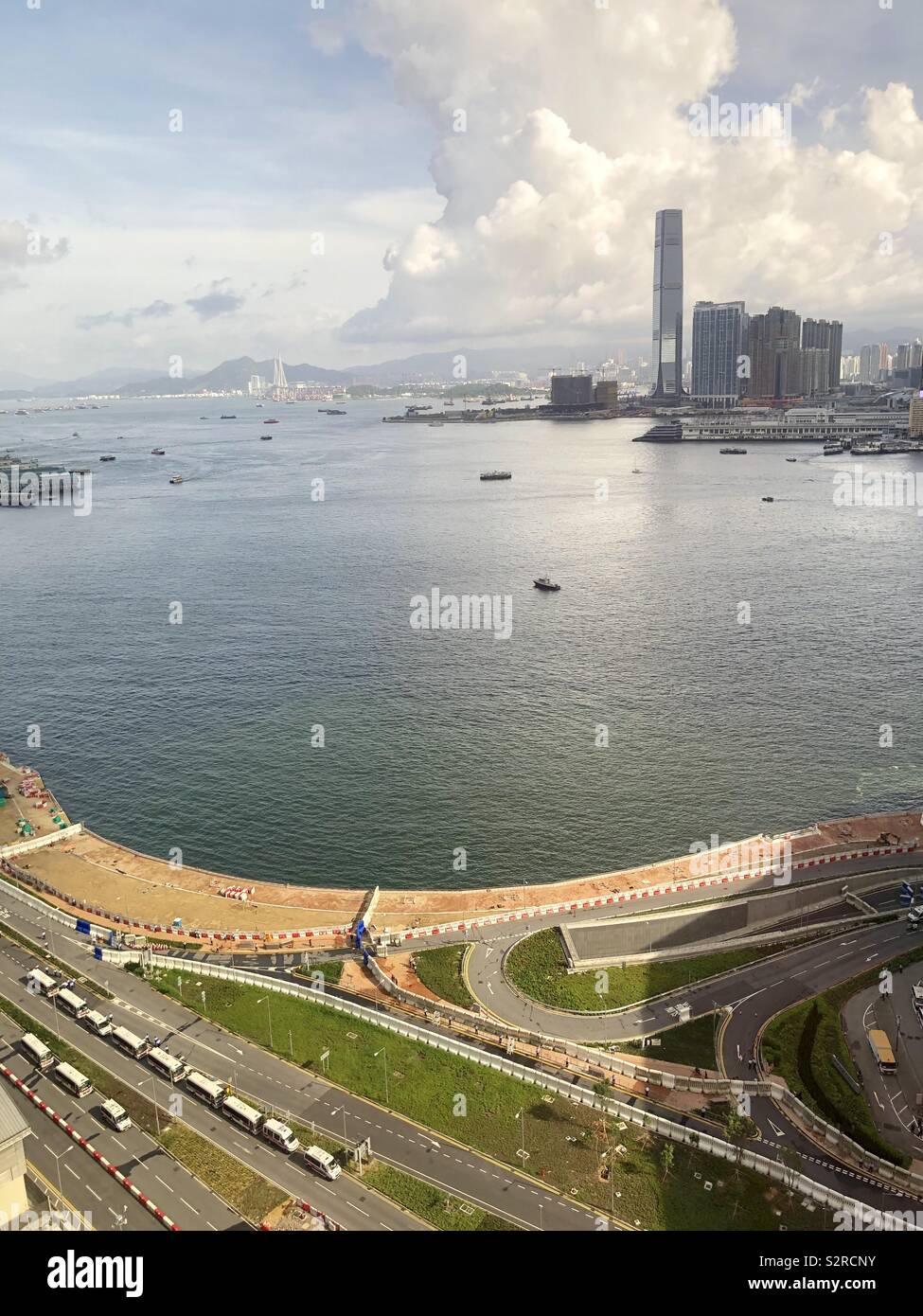 HONG KONG-29 JUN 2019- Aerial view of Hong Kong police getting ready in anticipation of protests near the Convention Center in Wanchai. Stock Photo