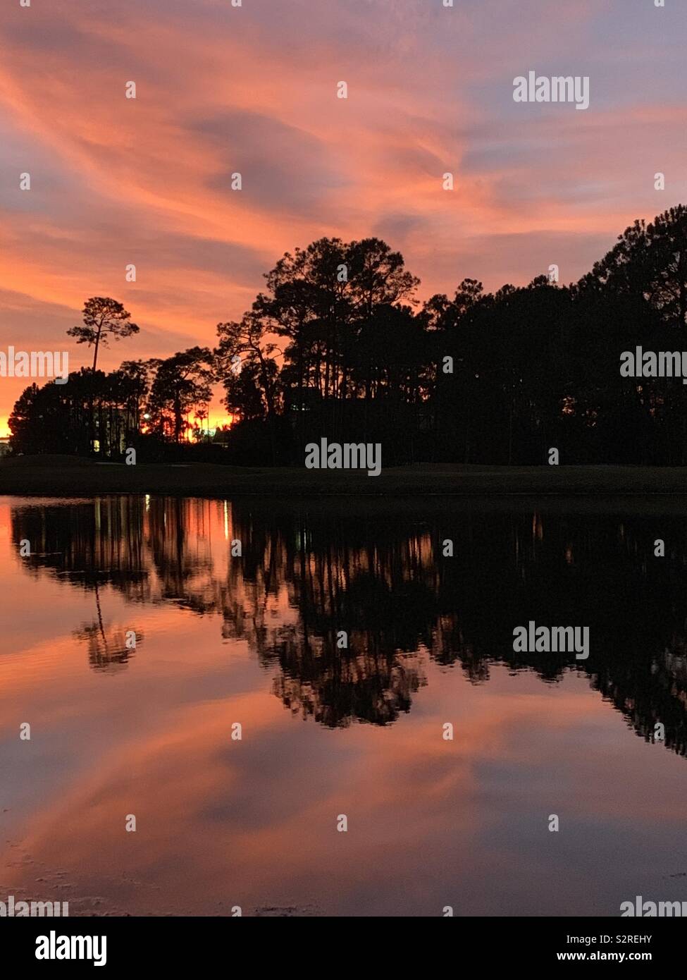 Incredible colorful sunset colors over the lake with beautiful reflections on the water and landscape trees - Smartphone Captured Stock Image