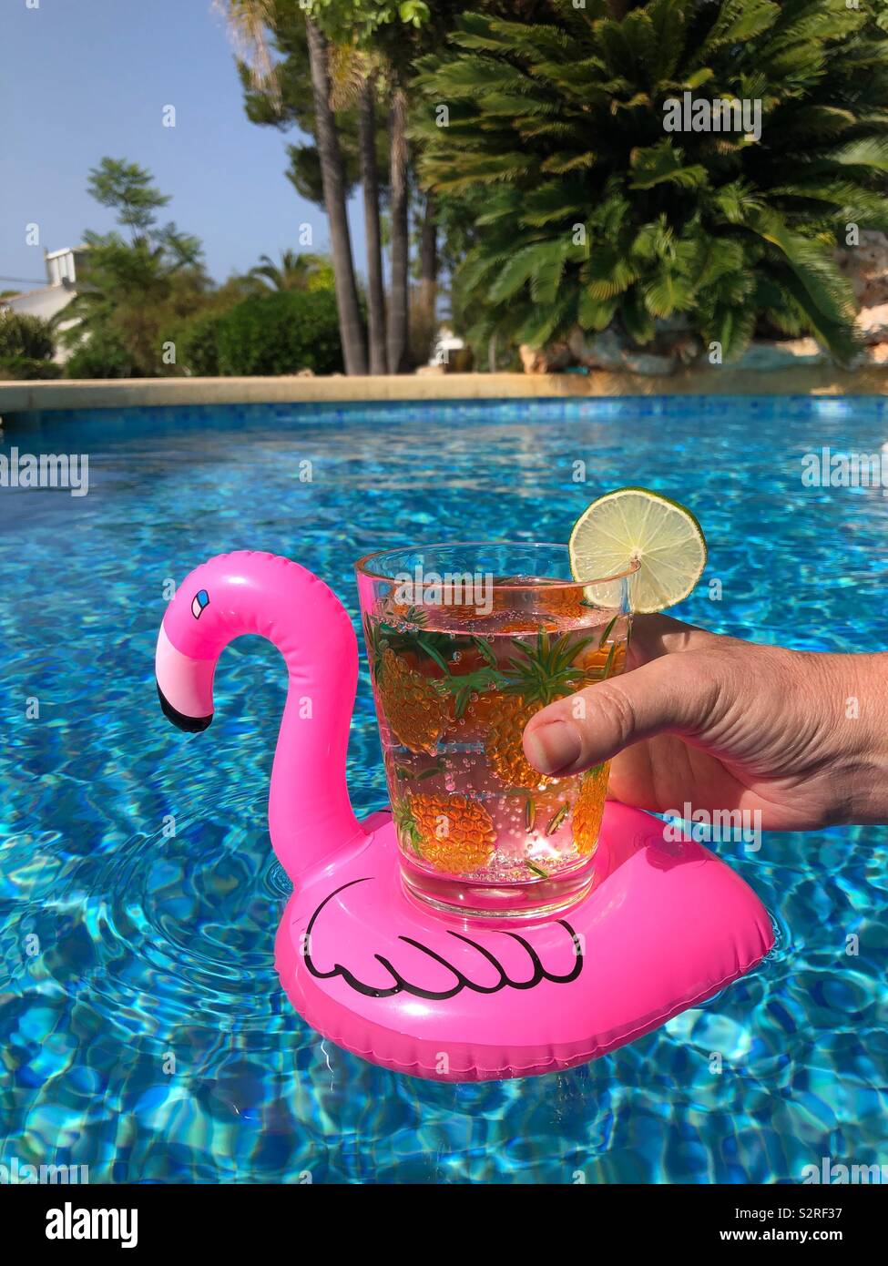 Hand holding a drink floating on inflatable pink flamingo drink holder in swimming pool Stock Photo