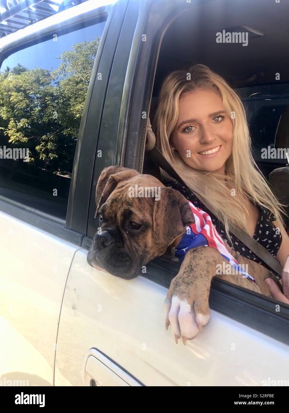 A Dog And A Pretty Girl With Long Blonde Hair Sitting In The Truck