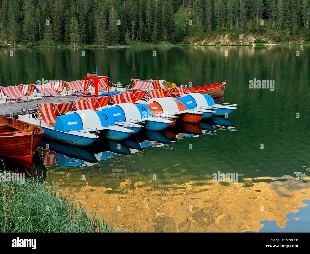 Pedalo boats on a lake reflected in the water with trees in the background and golden light on the lake surface. - Smartphone Captured Stock Image