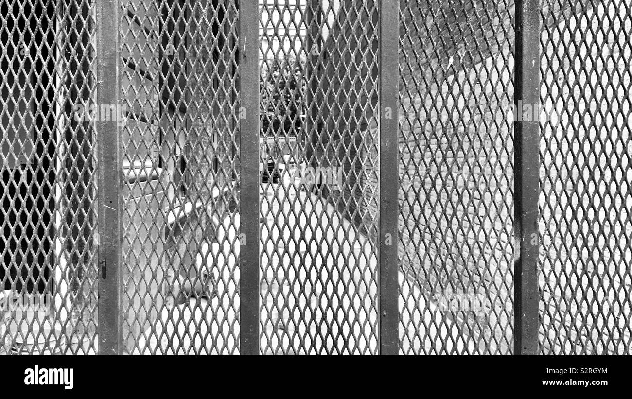 View through mesh grating to alleyway in Downtown Los Angeles, California. Black and white, focus on fence - Smartphone Captured Stock Image View through mesh grating to alleyway in Downtown Los Angeles, California. Black and white, focus on fence - Smartphone Captured Stock Image