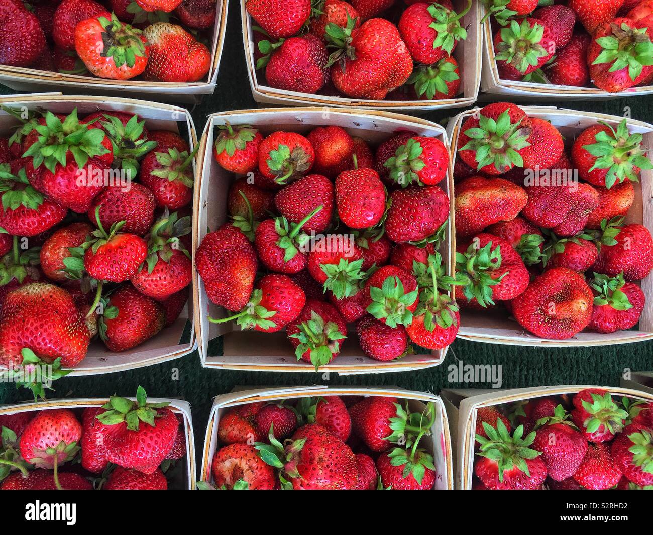 Farm fresh delicious ripe red strawberries in baskets. Stock Photo