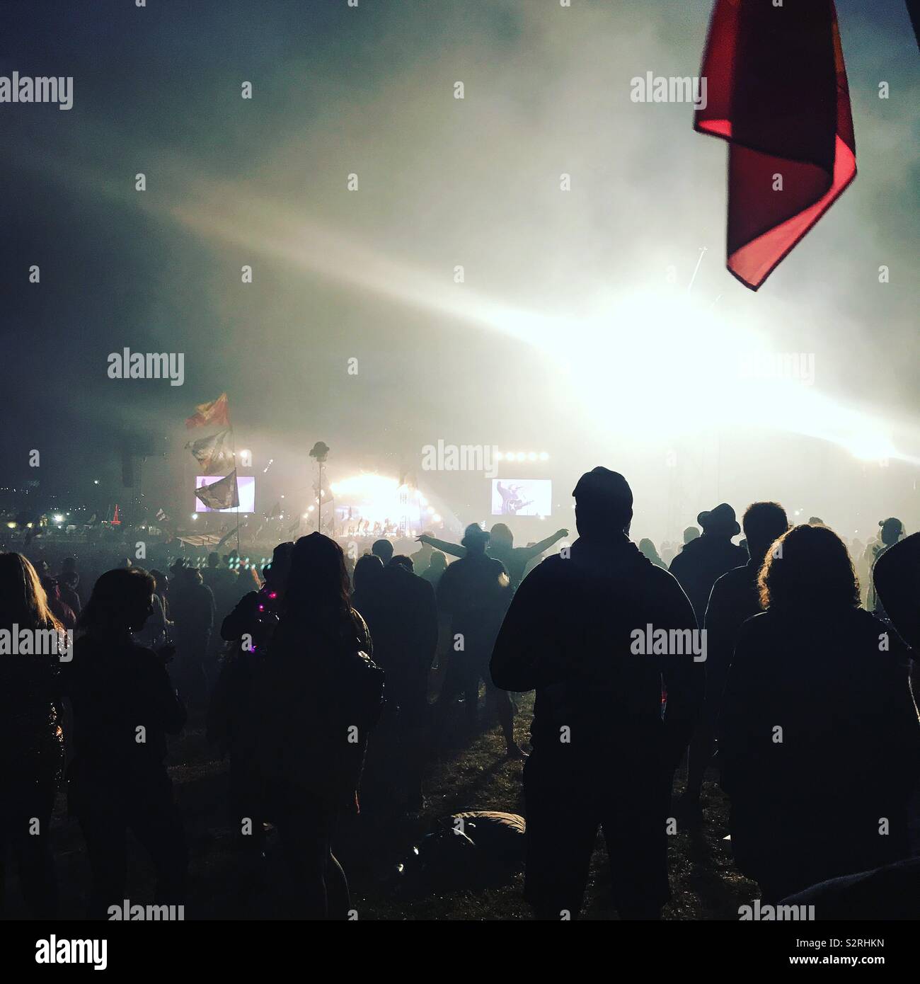 Crowd at night in front of the Pyramid stage at Glastonbury festival 2019 Stock Photo