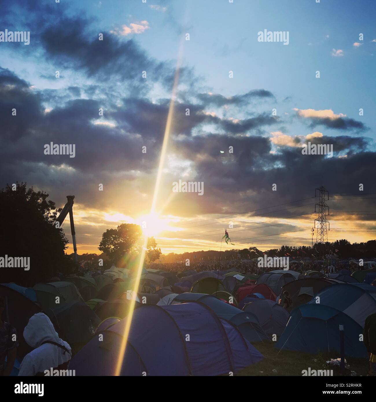 Sunset over the Glastonbury festival campsite, 2019 Stock Photo