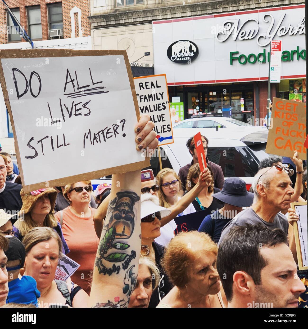 July 2, 2019. A sign at the Close the Camps Rally reads”DO ALL LIVES STILL MATTER?,” Middle Collegiate Church, Manhattan, New York, New York, United States. - Smartphone Captured Stock Image