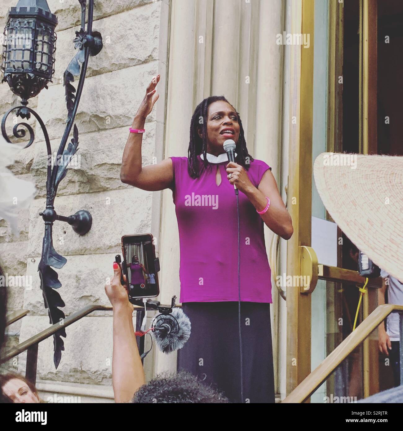 July 2, 2019. Rev. Dr. Jacqui Lewis speaks at the Close the Camps Rally, Middle Collegiate Church, Manhattan, New York, New York, United States. - Smartphone Captured Stock Image