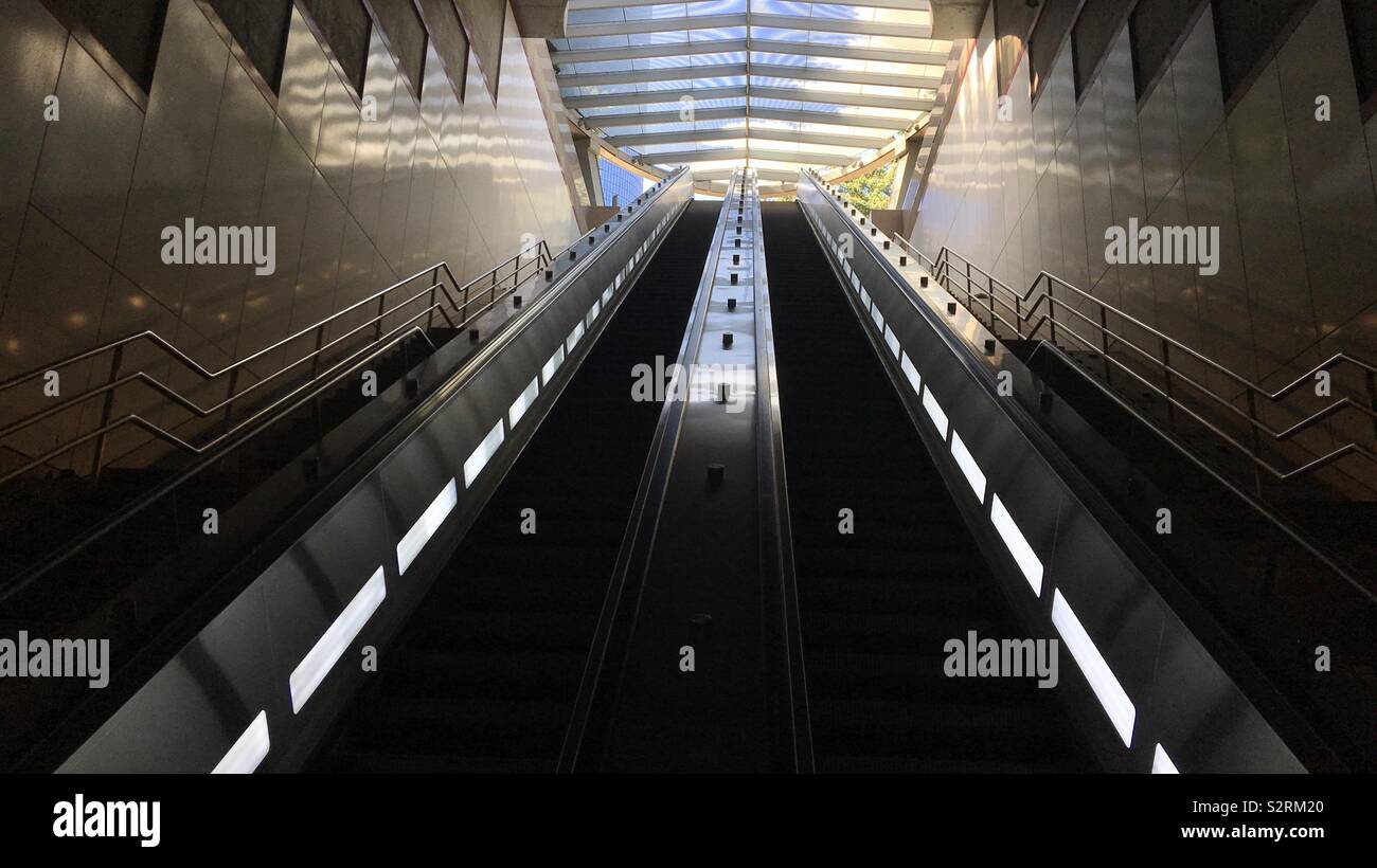 LOS ANGELES, CA, JUN 2019: looking up from the escalators to the north entrance of Pershing Square Station on the LA Metro, Downtown - Smartphone Captured Stock Image