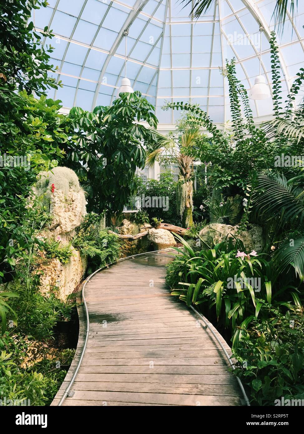 The conservatory and greenhouses known as the Orchid Range at Duke Farms in Hillsborough, New Jersey, USA. Stock Photo