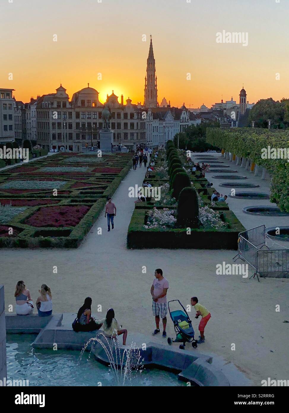 Mont des Arts park (Kunstberg) and Brussels Square in centre of Brussels, Belgium, at sunset in summer. - Smartphone Captured Stock Image