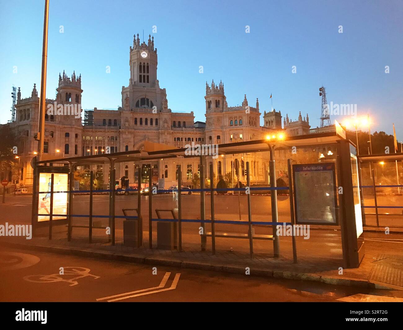 Bus stop in Cibeles Square, night view. Madrid, Spain. - Smartphone Captured Stock Image