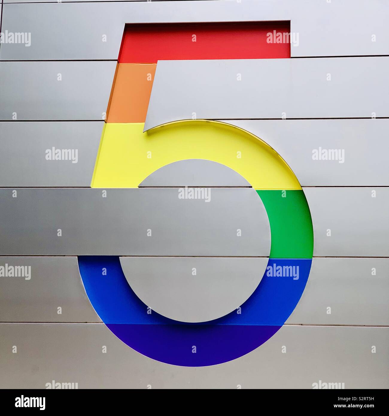 London, UK - July 2019: 5 Broadgate Circle, City of London. Home to a German financial services company, UBS AG. Rainbow 5 for Pride. - Smartphone Captured Stock Image