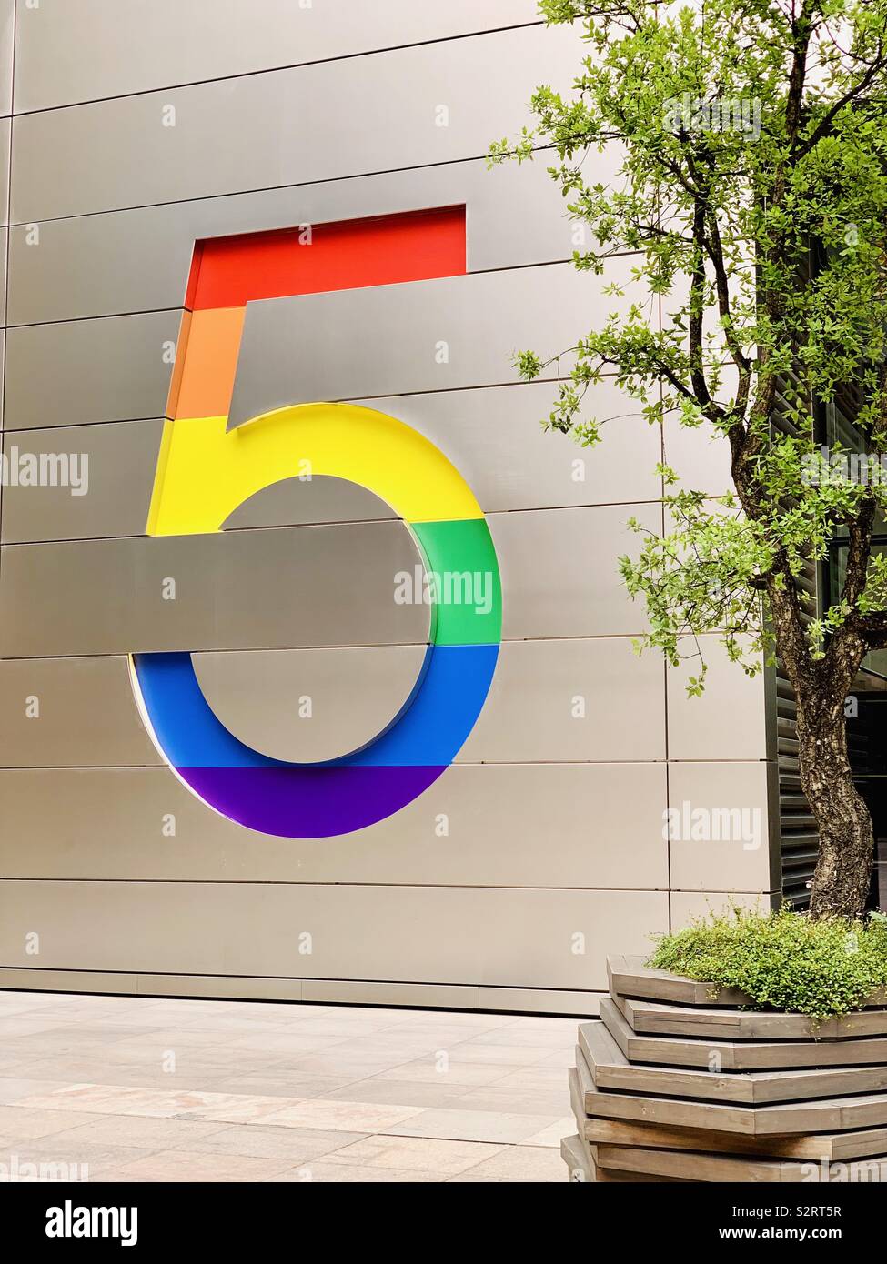 London, UK - 6 July 2019: 5 Broadgate Circle, City of London. Rainbow 5 for Pride. - Smartphone Captured Stock Image