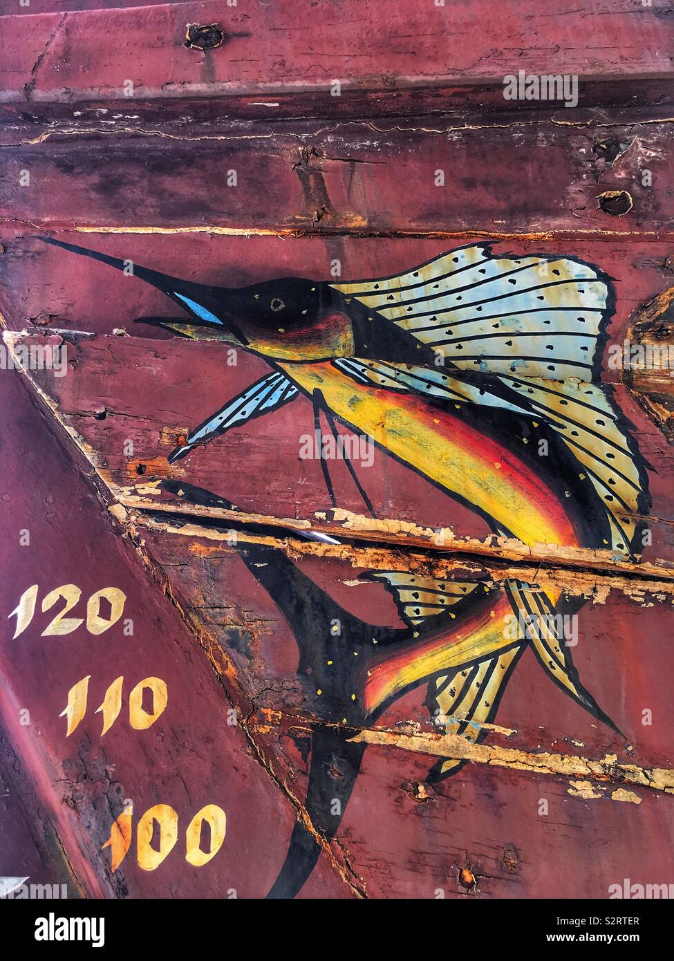 Swordfish painting on wooden boat Stock Photo