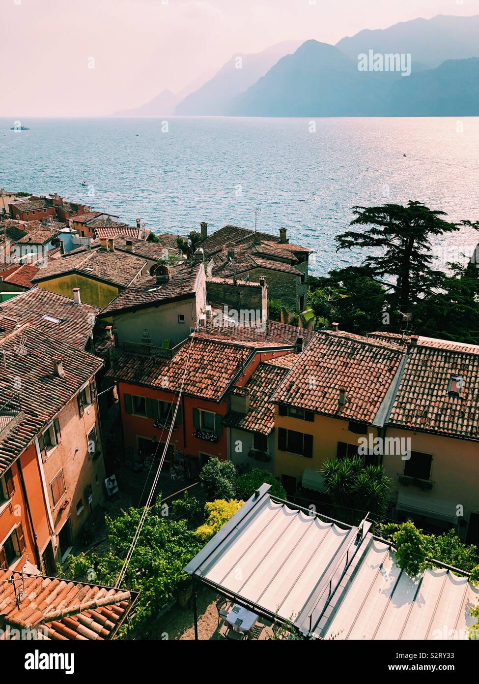 Looking down on Italian rooftops next to lake Garda Stock Photo