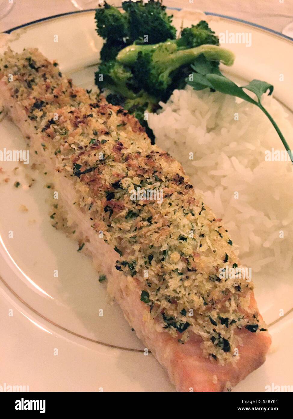 Close up of a gourmet entrée of baked salmon with herb crust, white rice and broccoli on a china plate, USA - Smartphone Captured Stock Image