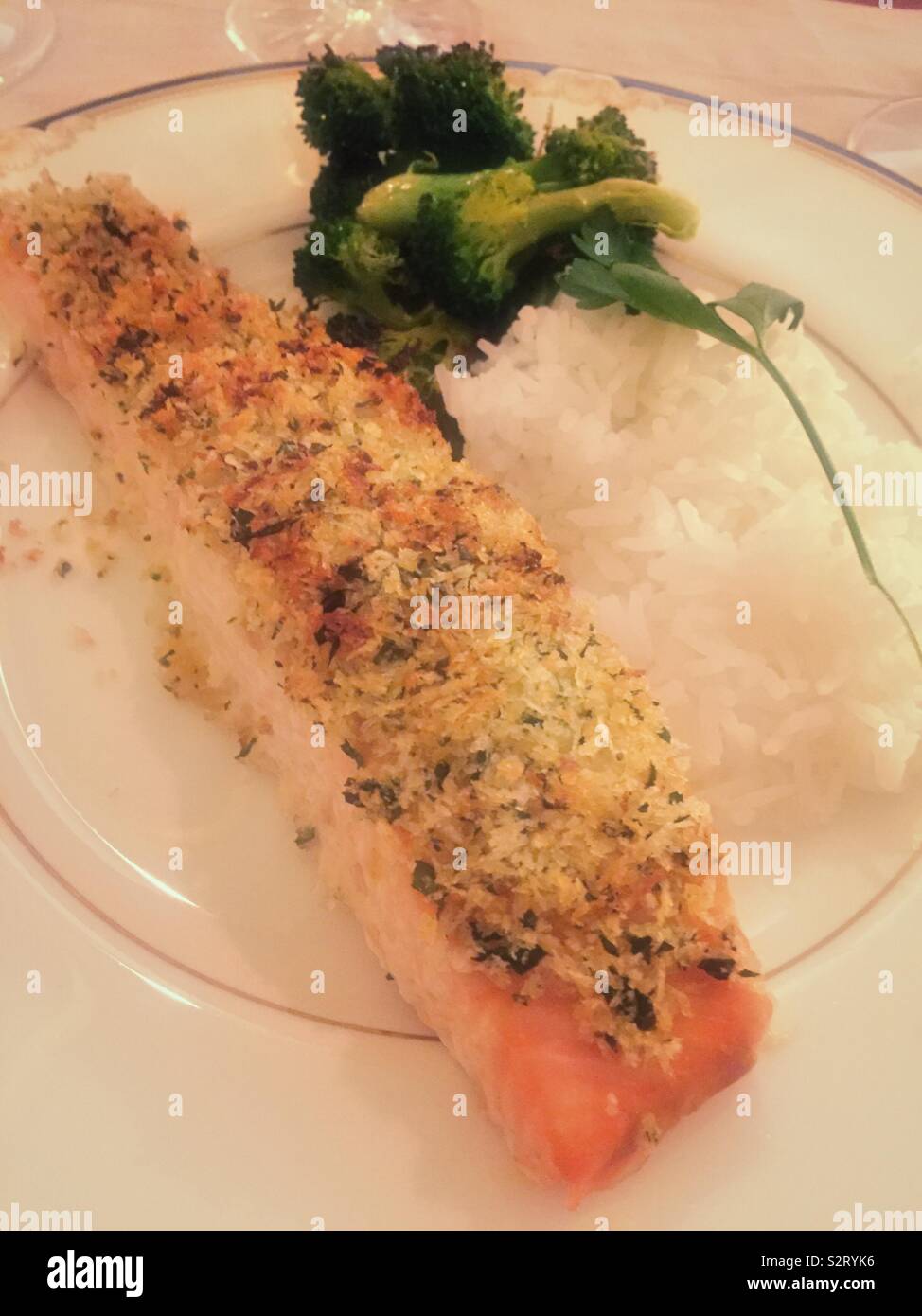 Close up of a gourmet entrée of baked salmon with herb crust, white rice and broccoli, USA - Smartphone Captured Stock Image