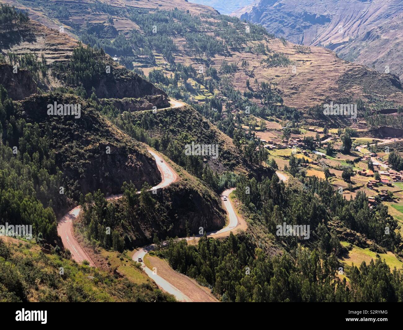 Winding mountain road up to Pisaq Incan historical ruins, Perú Peru. - Smartphone Captured Stock Image