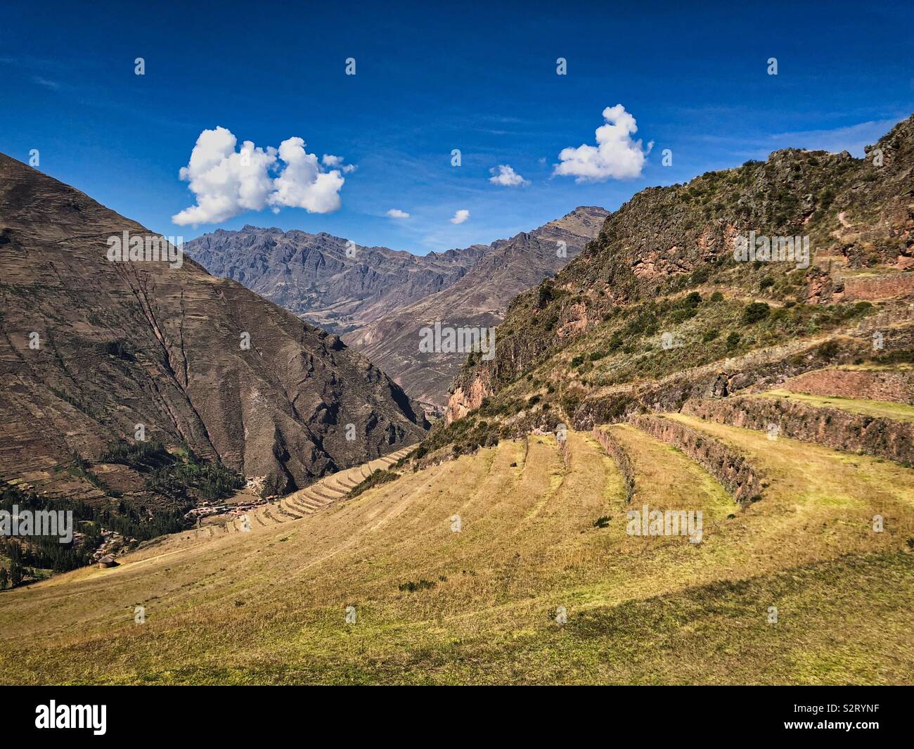 Agricultural terracing terraces at Písac Pisaq Pisac Incan archaeological ruins. - Smartphone Captured Stock Image