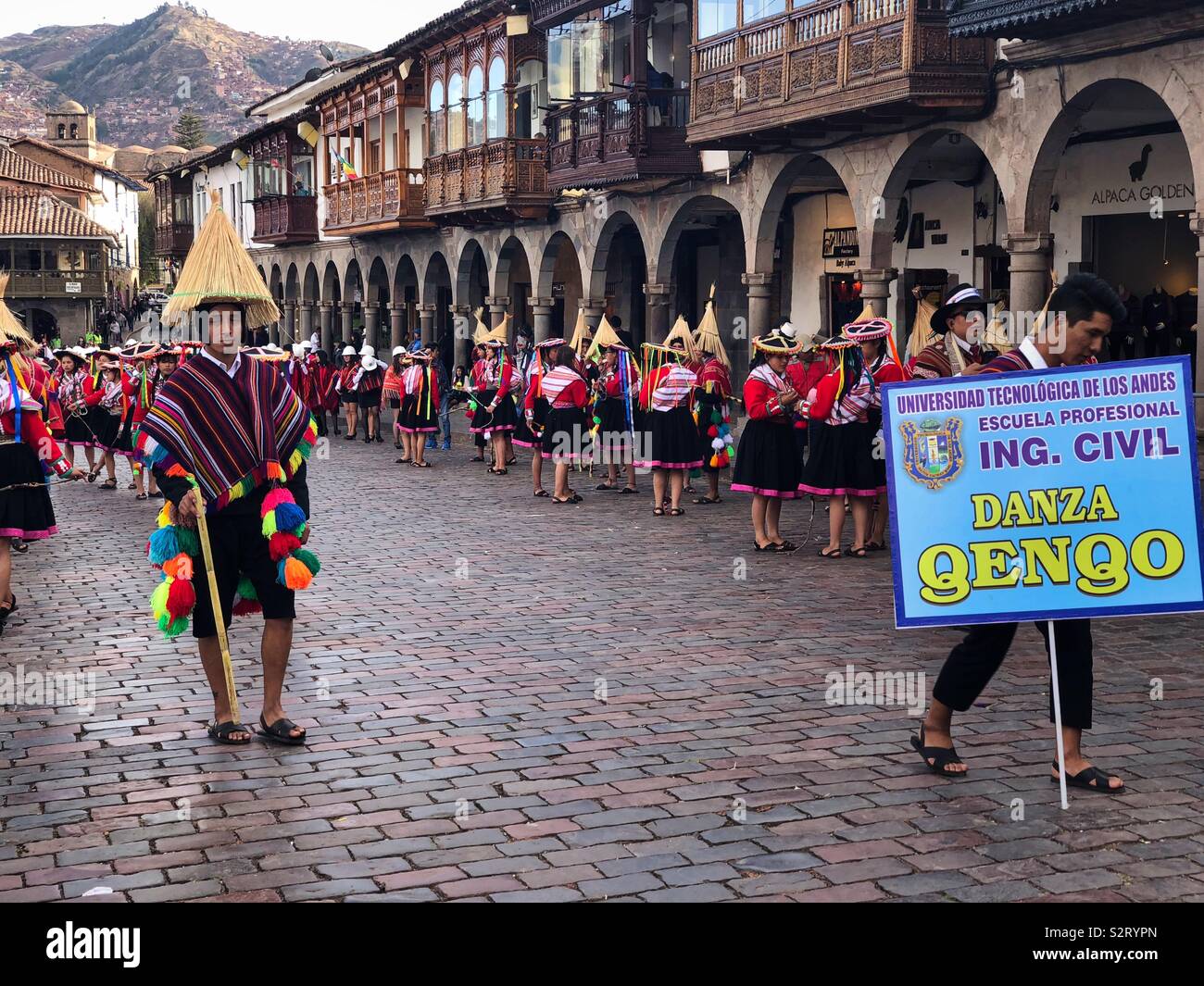 Young civil engineers in colourful colorful costumes celebrating Inti Raymi or Inti Raymi’rata sun festival in Cusco Cuzco, Perú Peru. It honours the winter solstice. - Smartphone Captured Stock Image