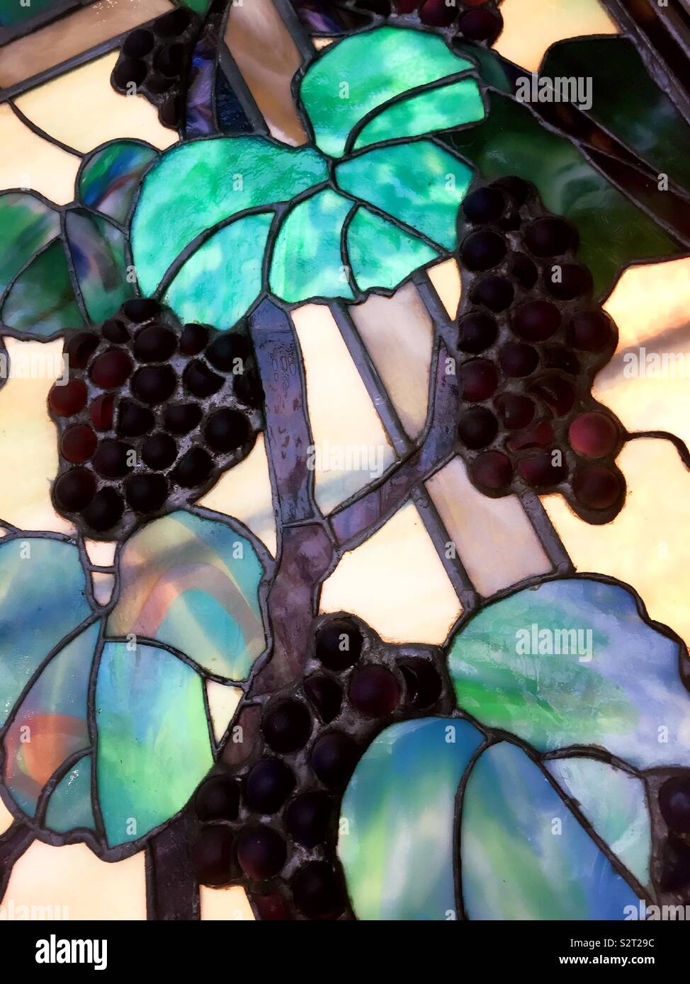 Leaded glass window depicting grapevines and bunches of grapes - Smartphone Captured Stock Image