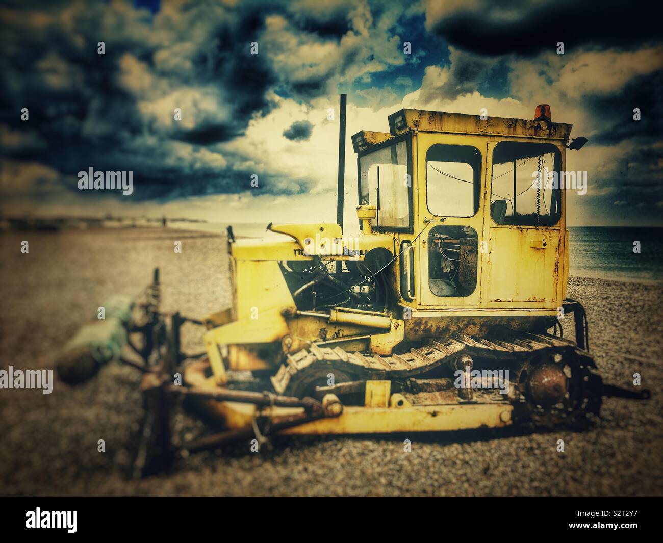 Track Marshall caterpillar used by fishermen to winch their fishing boats out of the sea, Aldeburgh, Suffolk, England. - Smartphone Captured Stock Image