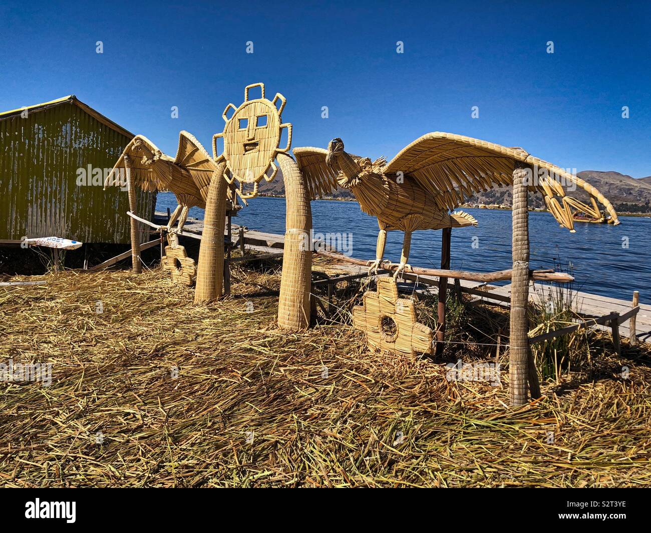 Andean reed structure on one of the Uros or Uru floating islands on Lake Titicaca near Puno,Perú Peru. - Smartphone Captured Stock Image