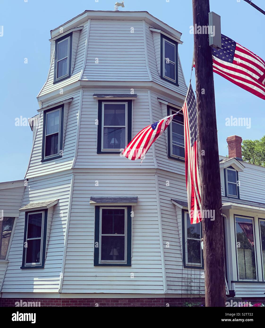Lighthouse-shaped portion of a home in Wellfleet, Cape Cod, Massachusetts, United States - Smartphone Captured Stock Image