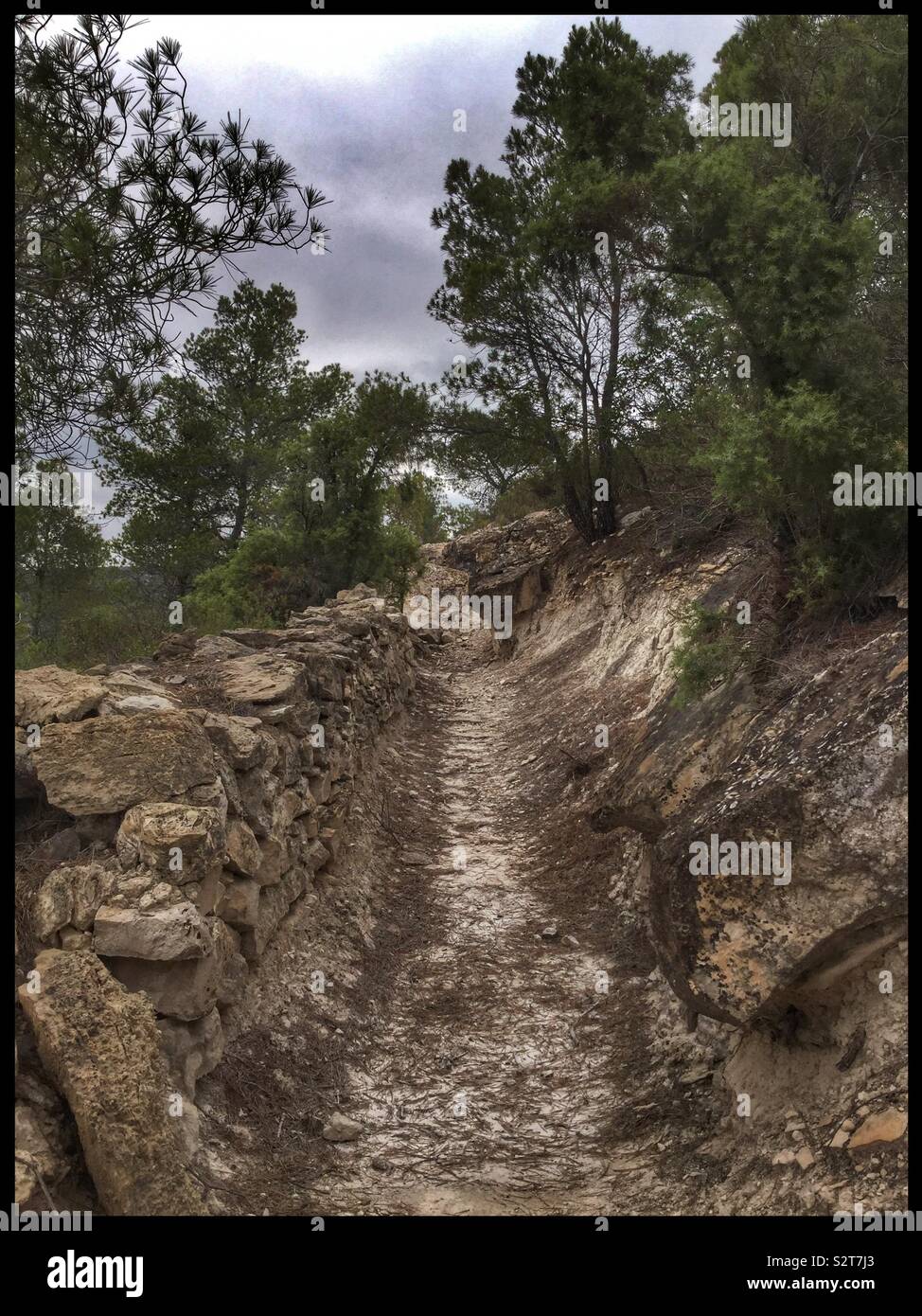 Where the Riu [river] Matarranya meets the Riu d’Ebre are the fortified trenches and tunnels at Punta del Duc near Fayón - the remnants of intensive fighting in 1938 during the Spanish Civil War. - Smartphone Captured Stock Image