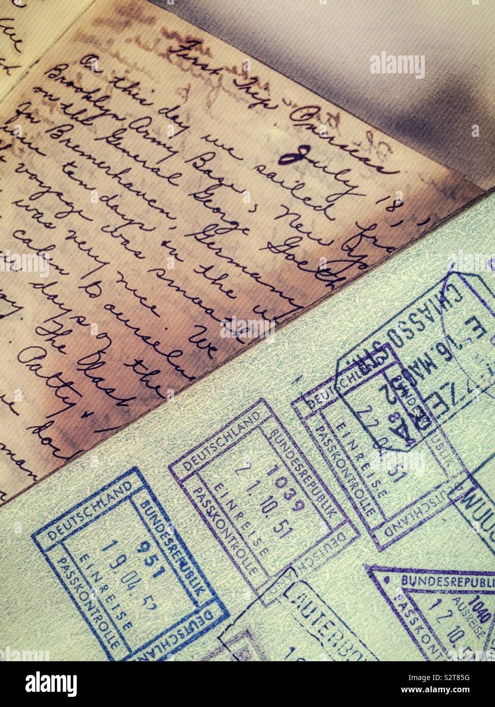 Vintage US passport in hand written diary from the 1950s - Smartphone Captured Stock Image